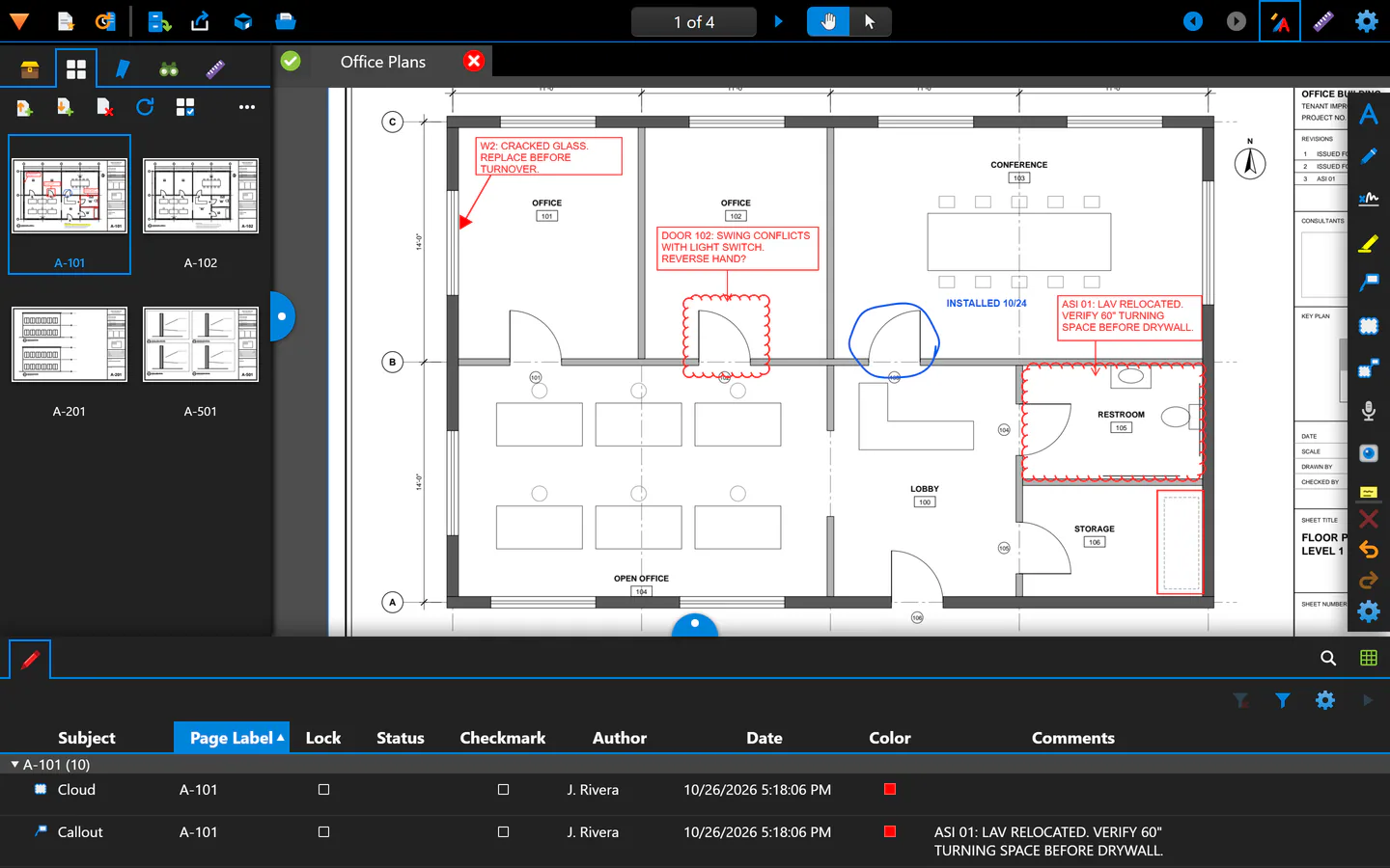 FIELDCHECK in a desktop browser window: sheet thumbnails on the left, the marked-up floor plan in the middle and the Markups list docked below.