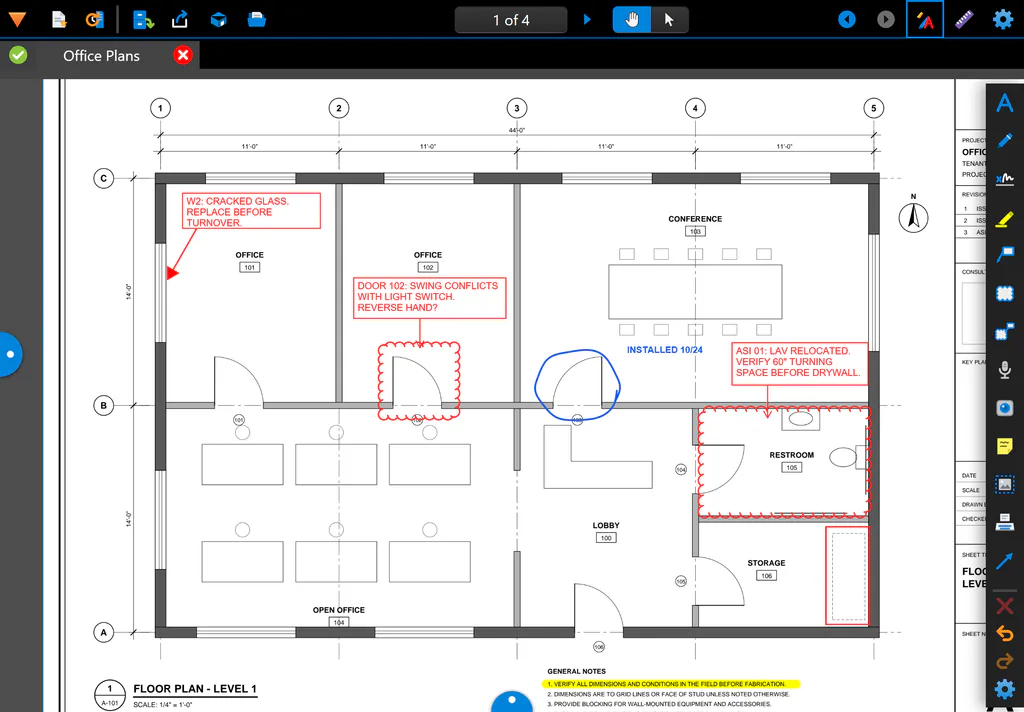 FIELDCHECK on an iPad in landscape: a floor plan with red revision clouds and callouts, a field note pointing at a cracked window, a door circled in blue and marked installed, and a highlighted general note.