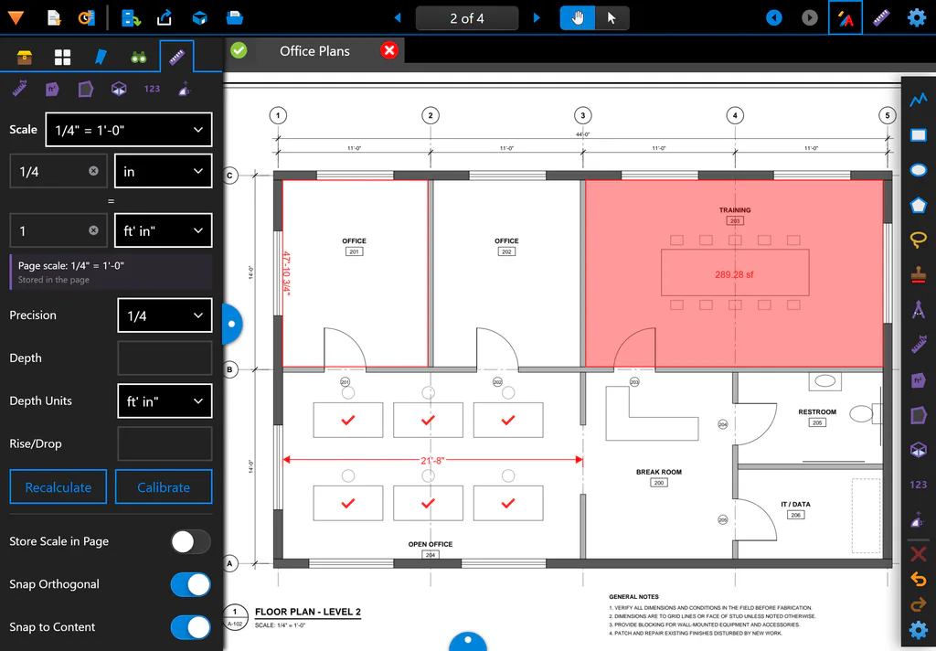 A level 2 floor plan with a scale of one quarter inch to one foot: a shaded room area of 289.28 square feet, a perimeter, a length dimension and check-mark counts on six desks, with the scale panel open on the left.