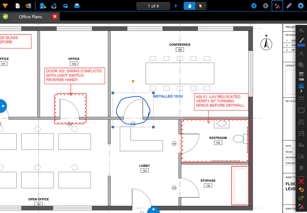 A pen markup circled around a door is selected; the Properties toolbar on the right shows its color, opacity and line width.