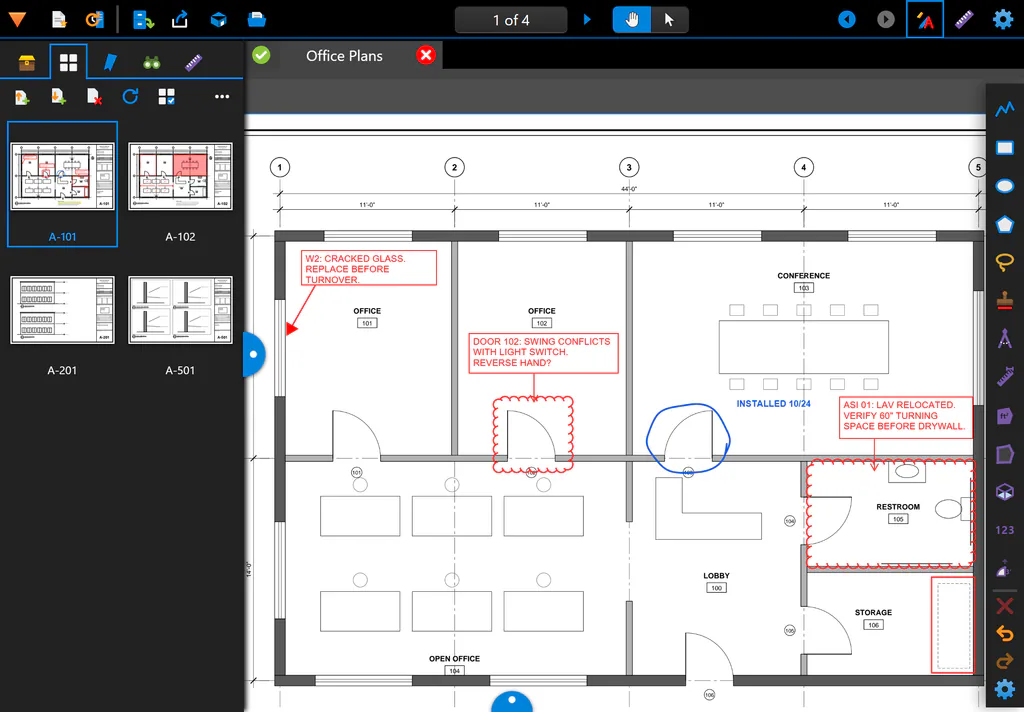 The Thumbnails panel showing four sheets, A-101, A-102, A-201 and A-501, next to the marked-up floor plan.