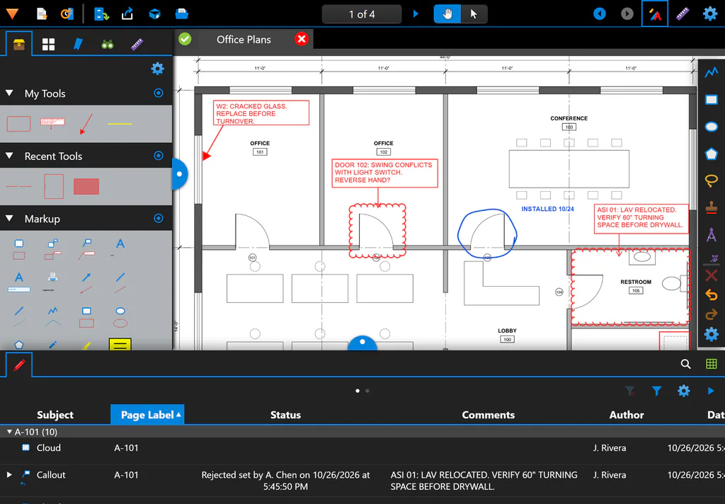 The full FIELDCHECK screen on an iPad: the command bar along the top, document tabs, the Tool Sets panel on the left, the marked-up floor plan, the Markups toolbar on the right and the Markups list along the bottom.