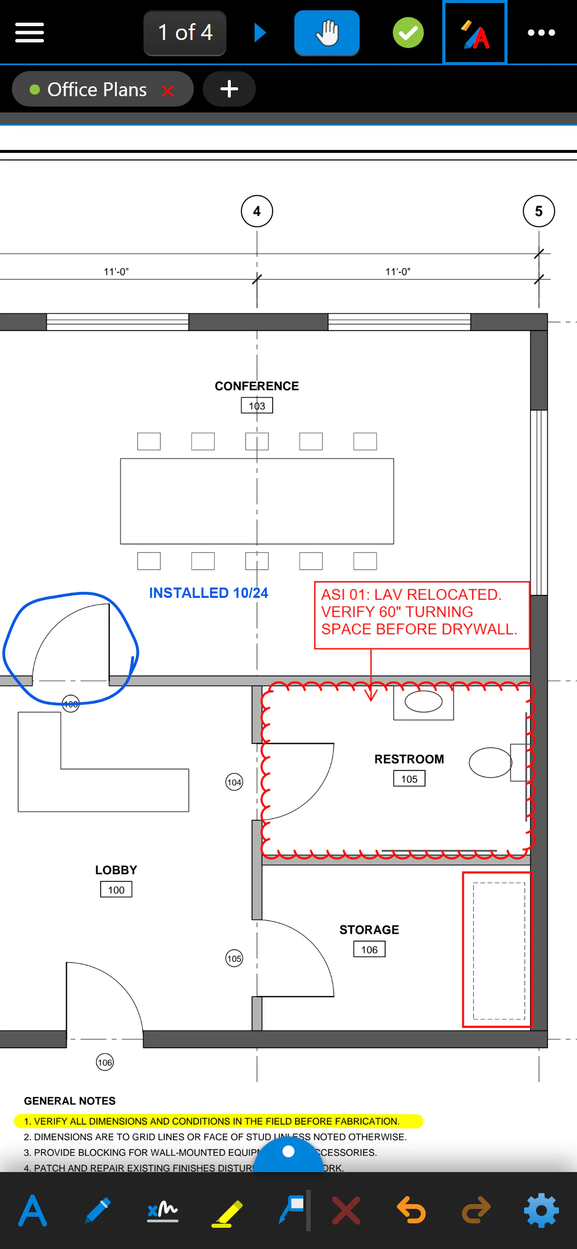 The same floor plan on an iPhone, zoomed in on the restroom cloud and callout.